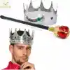 Gümüş Kral Tacı Kraliyet Tacı 60 cm ve Kırmızı Topuzlu Kral Asası Seti