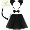 Kedi Eteği Tacı Kuyruğu ve Papyon Seti Siyah Renk Çocuk Boy