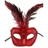 Kırmızı Renk Rugan Kaplama Kırmızı Tüylü Parti Maskesi 18x20 cm