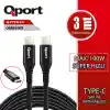 QPORT Q-TYPE-C3 3M TYPE-C 100W ŞARJ VE DATA KABLOSU
