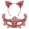 Romantik Kırmızı Dantel Maske Seti – Kedi Kulaklı Taç ve Maske 3 No
