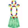 Yetişkin ve Çocuk Uyumlu Luau Aloha Hawaii Yeşil Etek ve Renkli Kolye Taç 2 Adet Bileklik Seti