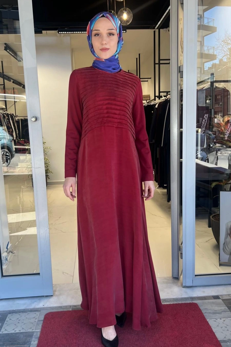 Pilise Detaylı Düz Renk Cupro Elbise T26Y-4011