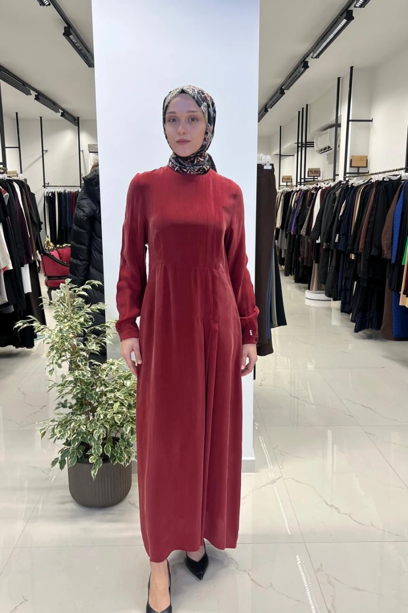 Pili Detaylı Düz Renk Elbise T26Y-4039