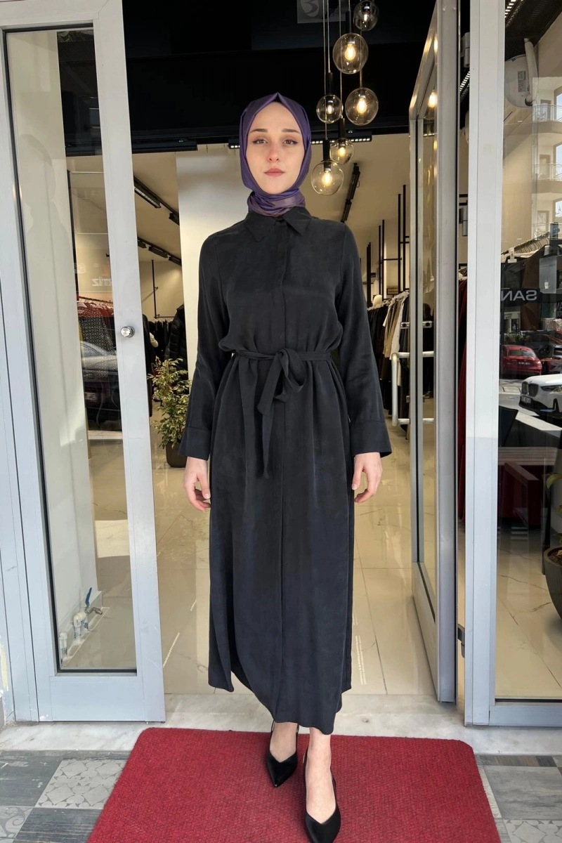 Stare Dokulu Taşlanmış İpek Elbise TD-4769
