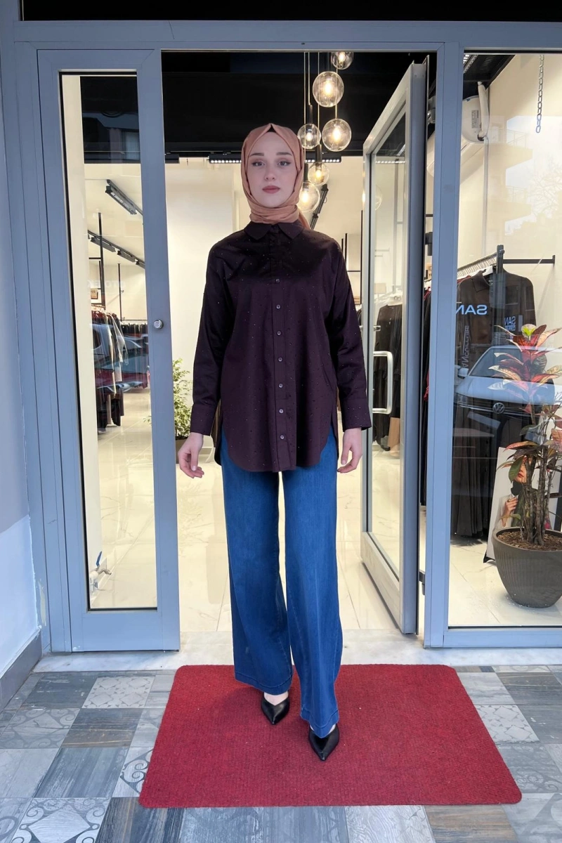 Laura Serpme Taşlı Koton Gömlek TD-3627