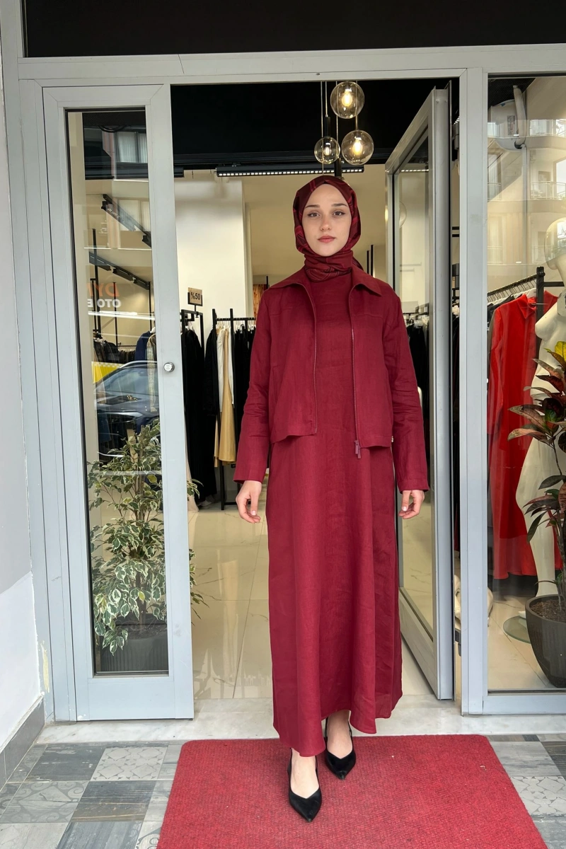 Kolsuz Düz Renk Keten Elbise 2264251