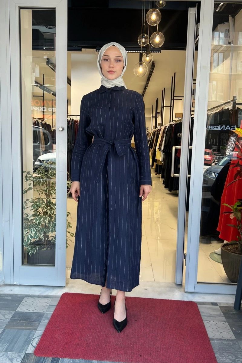 Line %100 Keten Çizgili Gömlek Elbise TD-3724