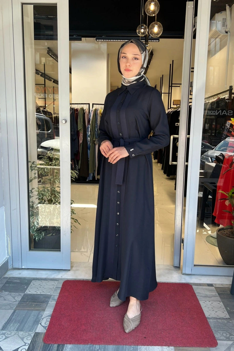 Erkek Yaka İpek Keten Uzun Elbise 2264551