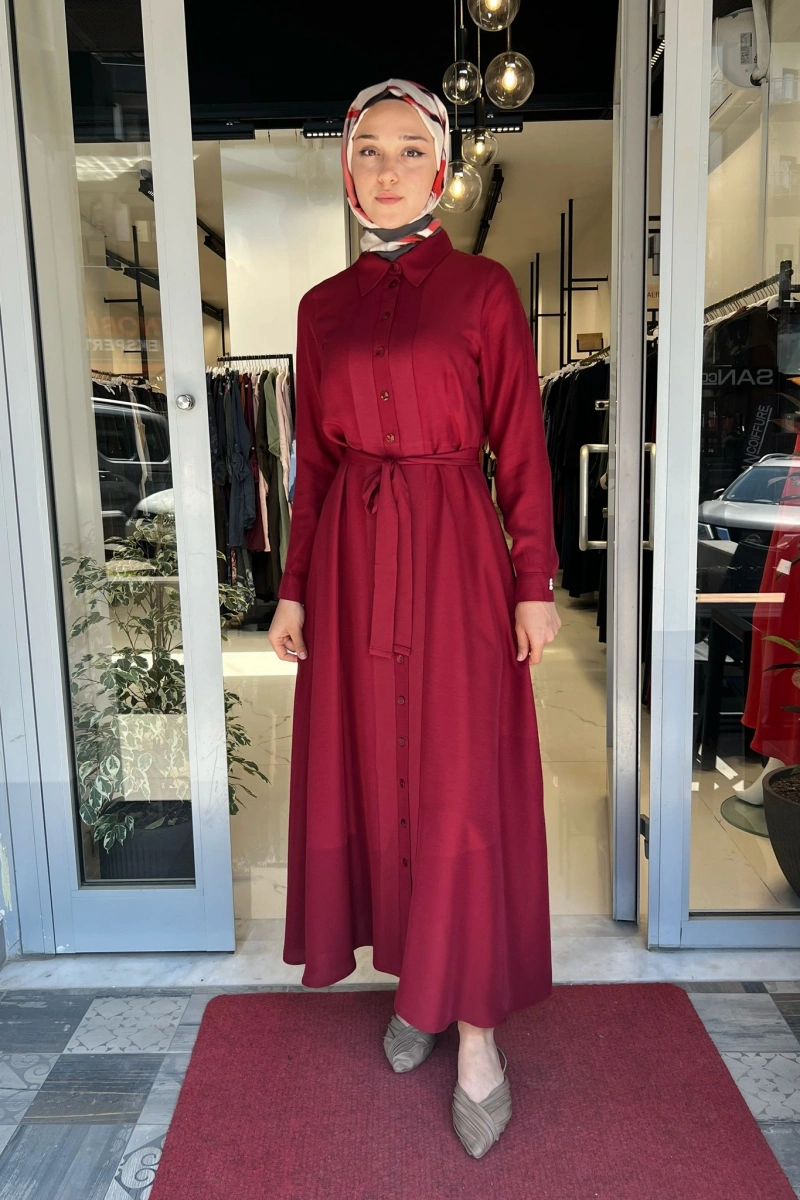 Erkek Yaka İpek Keten Uzun Elbise 2264551