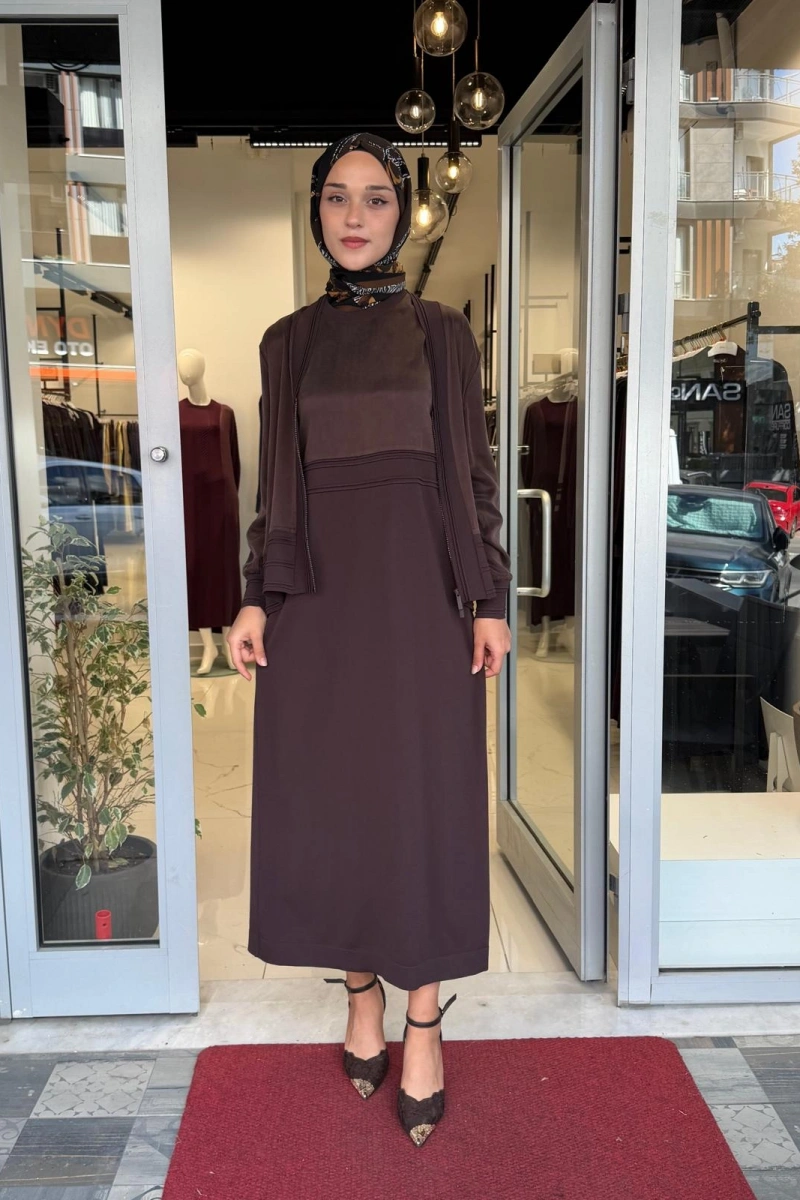 Balıksırtı Detaylı Uzun Elbise Cacao 3260801