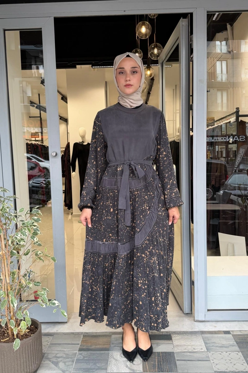 Desenli Cupro Elbise Antrasit 40800