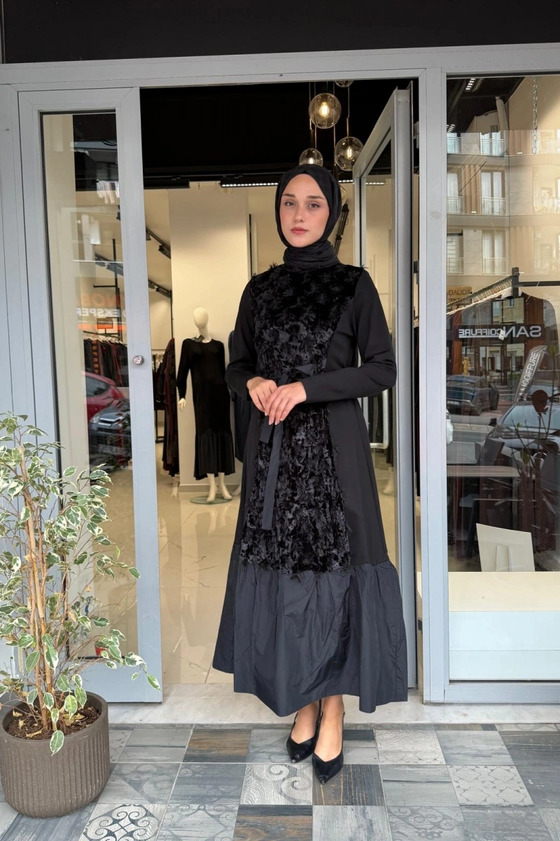 Kadife Detaylı Elbise Siyah 40801