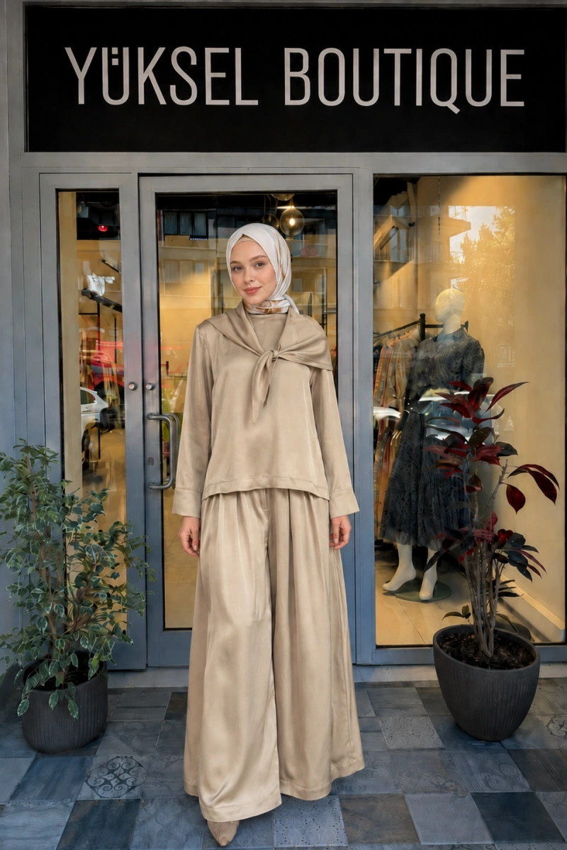 Evan Asetat Fularlı Bluz Pantolon TD26Y05000006