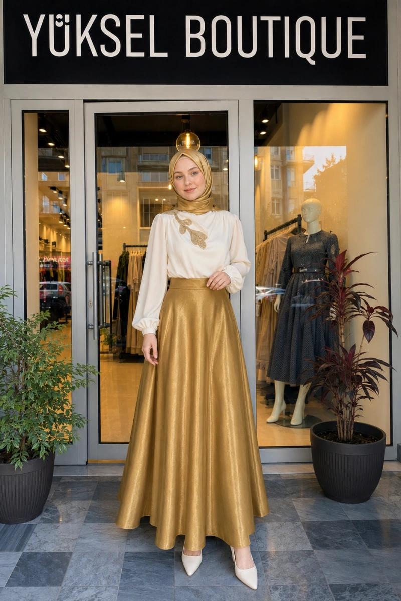 Jamıla Sarah Gold Kloş Etek SS24-6002