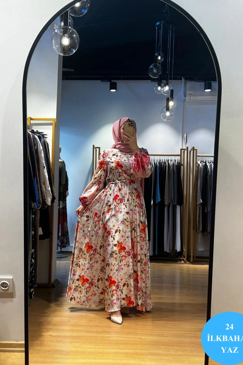 Jamıla Sarah Kolları Balonlu Desenli Elbise SS24-3007