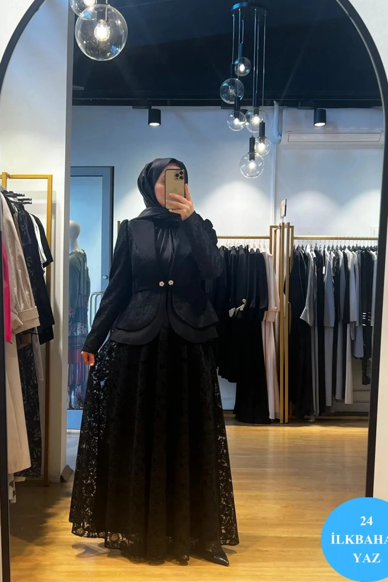 Jamıla Sarah Peplum Dantel Ceket Dantel Kloş Etek Takım SS24-9032