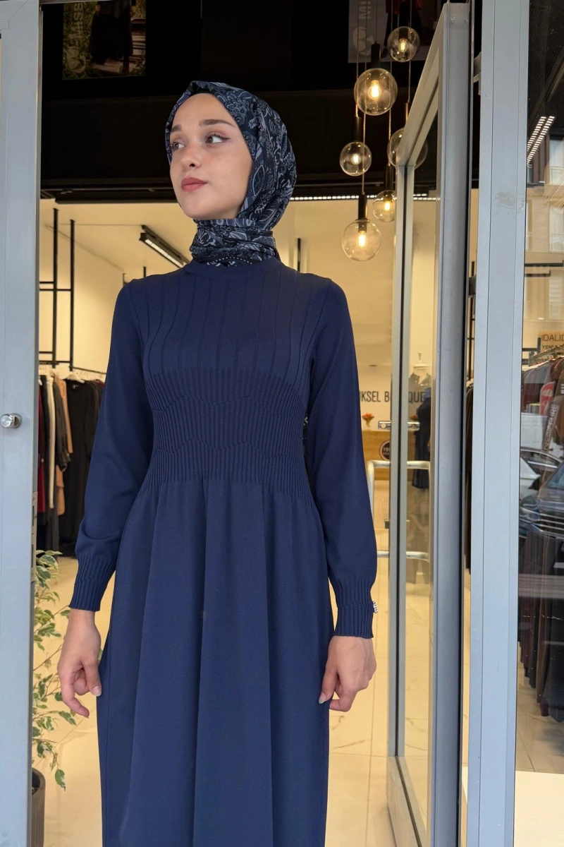 Kalın Fitilli Triko Elbise Navy 3264001