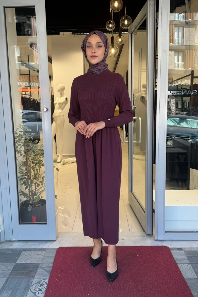 Kalın Fitilli Triko Elbise Oubergine 3264001