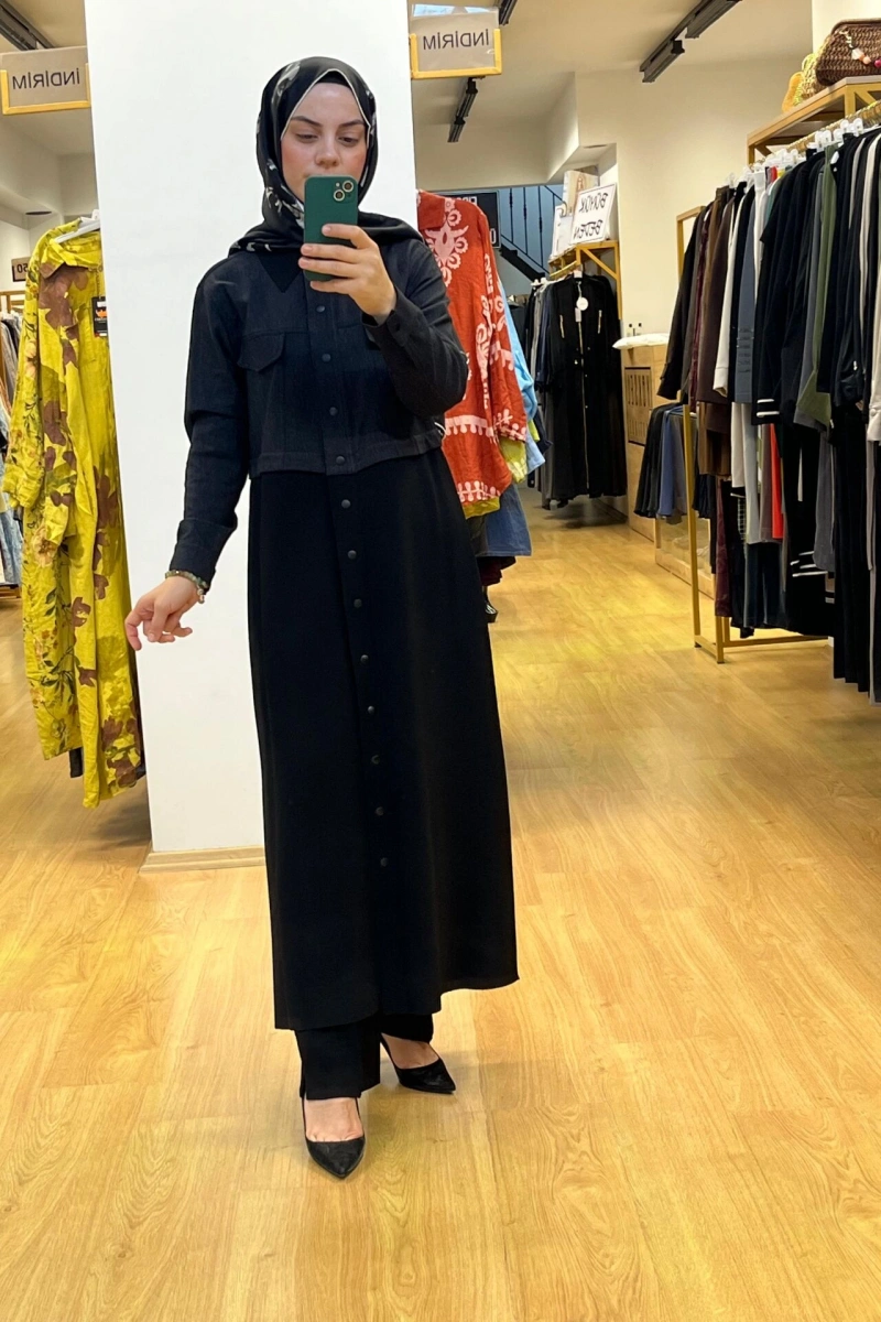 MissDalida Gömlek Yaka Denim Detaylı Uzun Ceket T25PF-8013