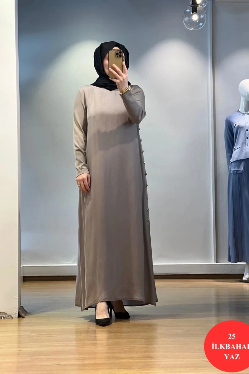 MissDalida Yanları Düğmeli Cupro Elbise 25Y-4052