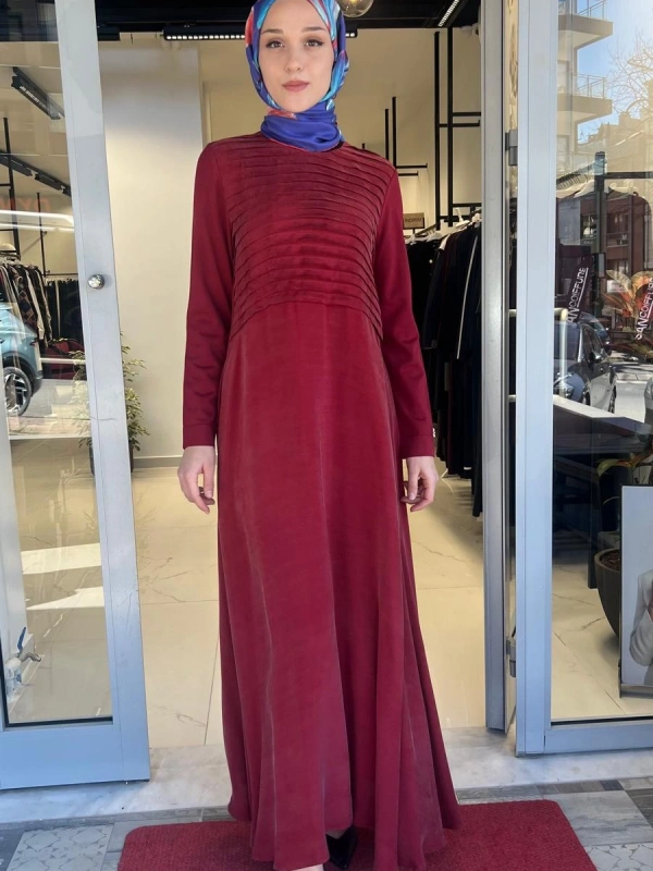 Pilise Detaylı Düz Renk Cupro Elbise T26Y-4011