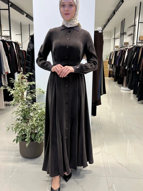 Yakası ve Bilekleri Triko Cupro Elbise T26Y-4010