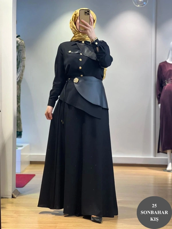 Jamıla Sarah Aller Paçalı Deri Garnirli Bluz Etek Takım FW25-9005