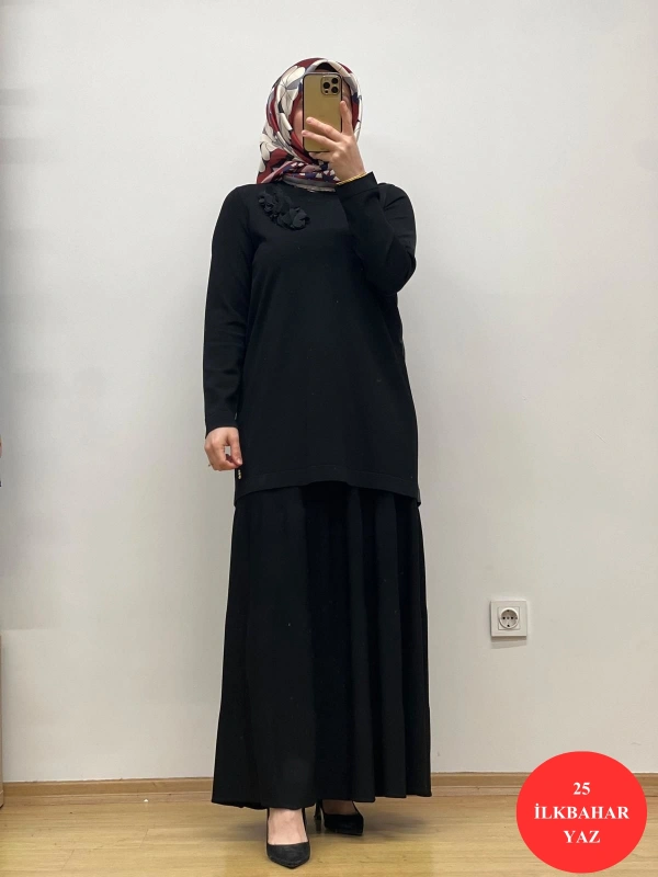 MissDalida Arkası Cupro Önü Gül Broşlu Triko Tunik 25Y-6011