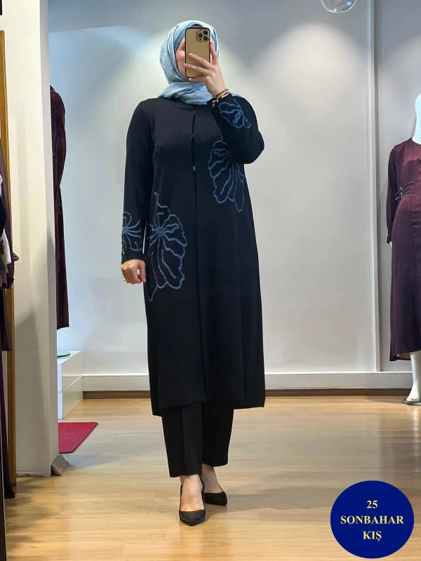 MissDalida Çiçek Desenli Agraf Kapama Uzun Hırka T25K-9008