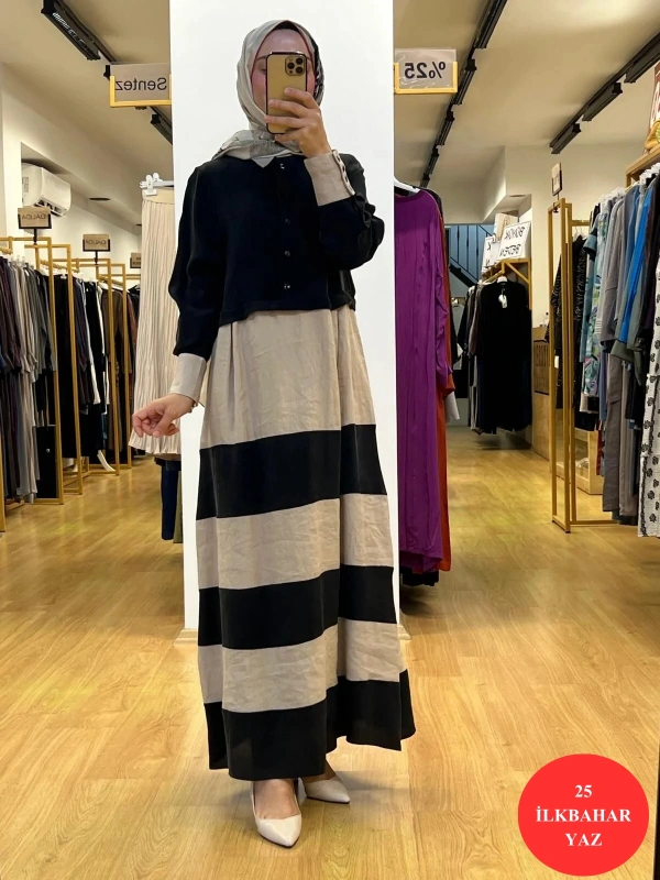 MissDalida Cupro Keten İki Renk Elbise T25Y-4107