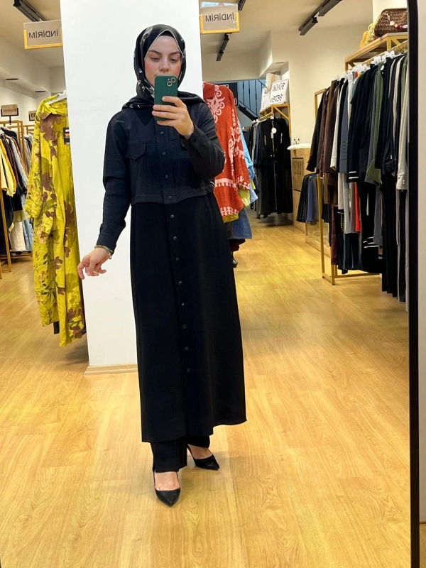 MissDalida Gömlek Yaka Denim Detaylı Uzun Ceket T25PF-8013