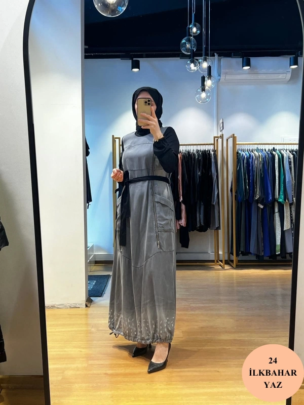 MissWhence Fermuarlı Tencel Kot Elbise 35807