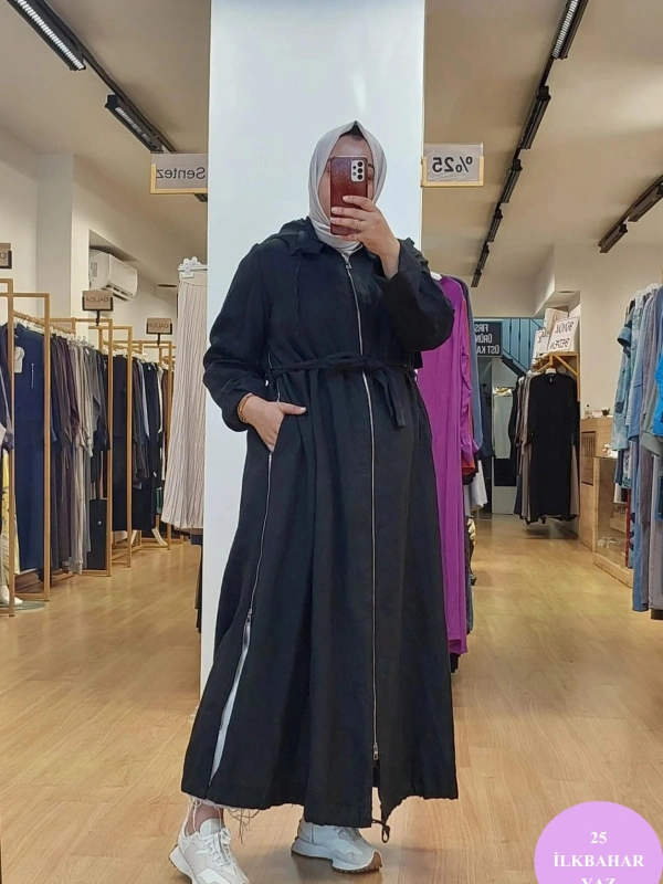 MissWhence Kapuşonlu Fermuar Detaylı Keten Pardesü 25Y-37514-1