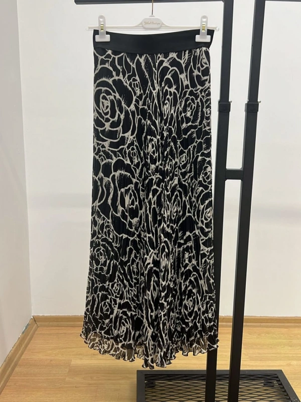 Sentez Gül Desen Kırıştırma Şifon Etek 25Y-SZ-5433