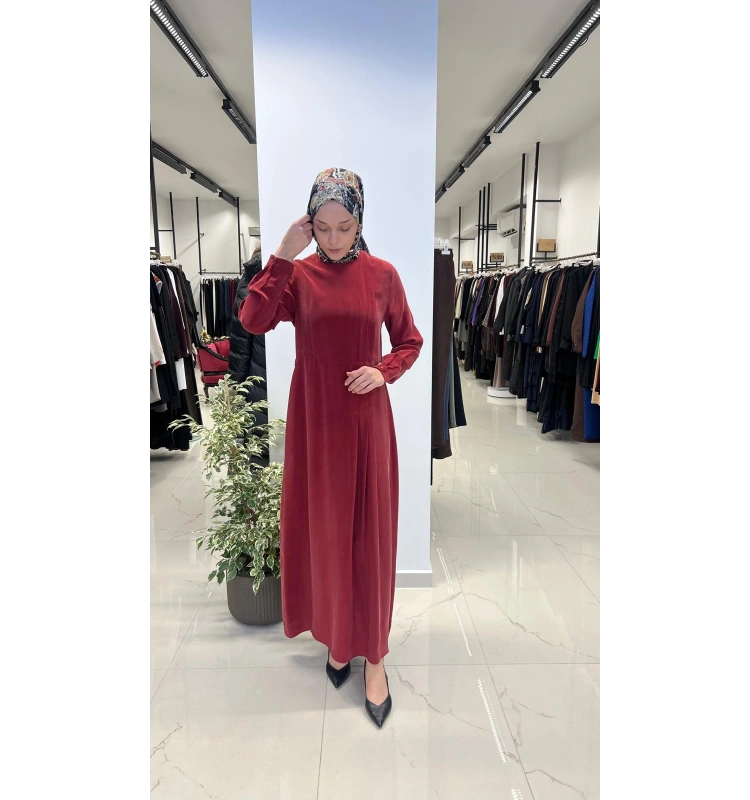 Pili Detaylı Düz Renk Elbise T26Y-4039