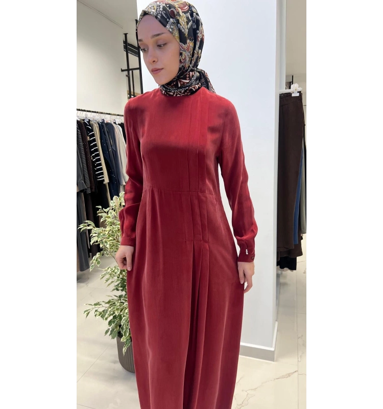 Pili Detaylı Düz Renk Elbise T26Y-4039