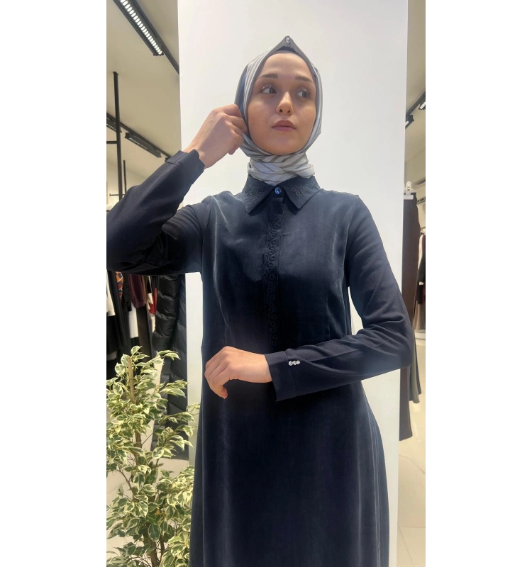 Gömlek Yaka Nakışlı Cupro Elbise T26Y-4025