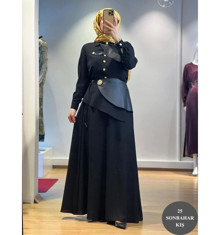 Jamıla Sarah Aller Paçalı Deri Garnirli Bluz Etek Takım FW25-9005