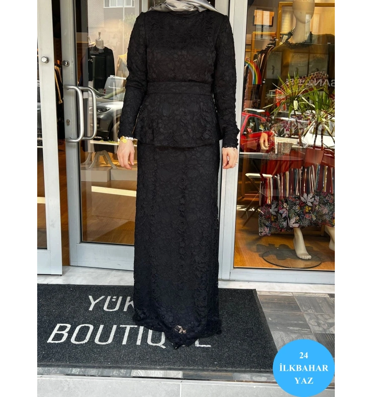 Jamıla Sarah Dantelli Çiçekli Peplum Dar Etekli Takım SS24-9009