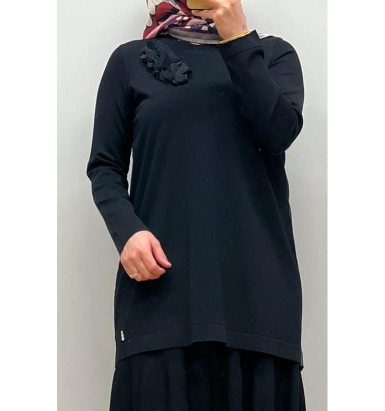 MissDalida Arkası Cupro Önü Gül Broşlu Triko Tunik 25Y-6011