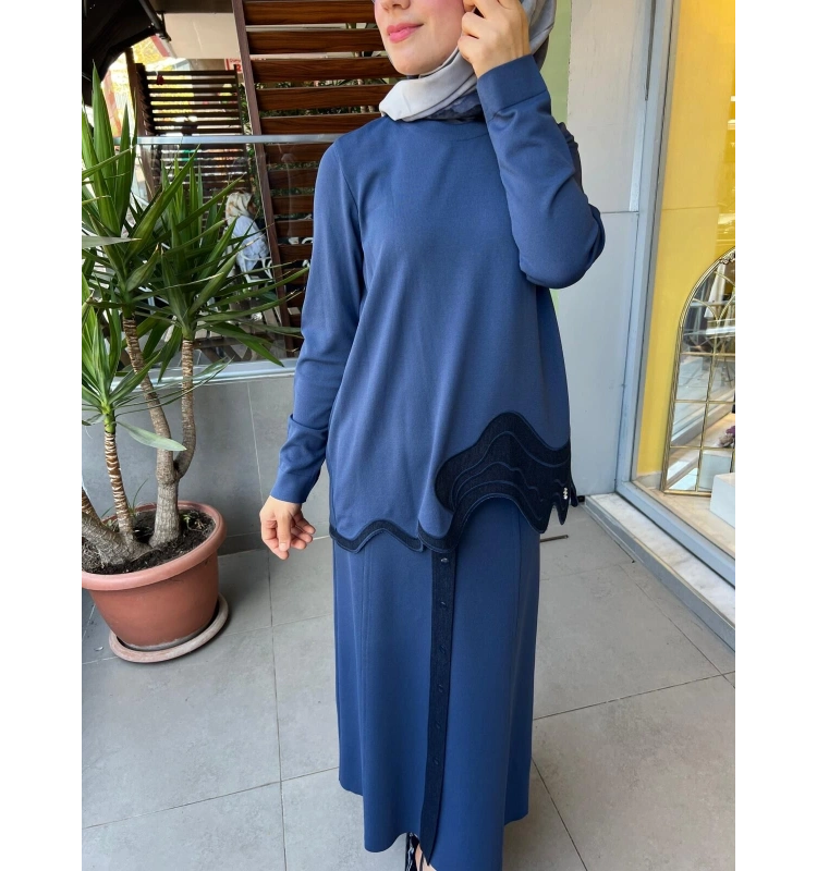 MissDalida Asimetrik Denim Detaylı Triko Tunik T25PF-6020