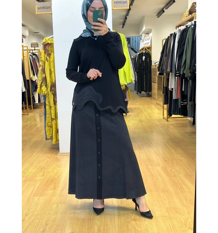 MissDalida Asimetrik Denim Detaylı Triko Tunik T25PF-6020