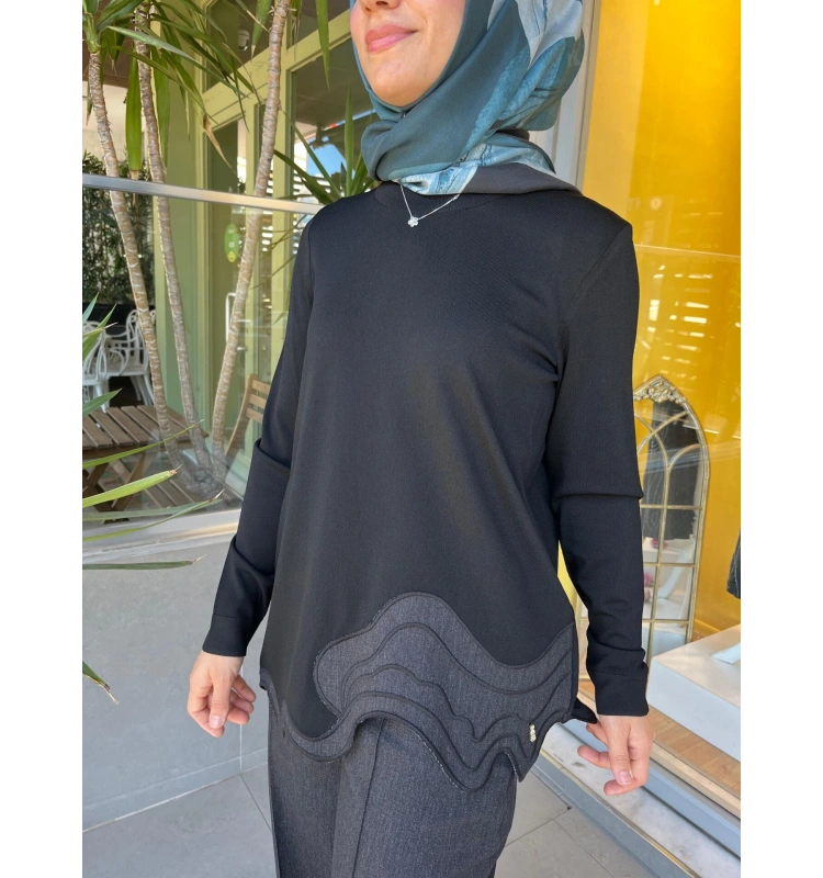 MissDalida Asimetrik Denim Detaylı Triko Tunik T25PF-6020