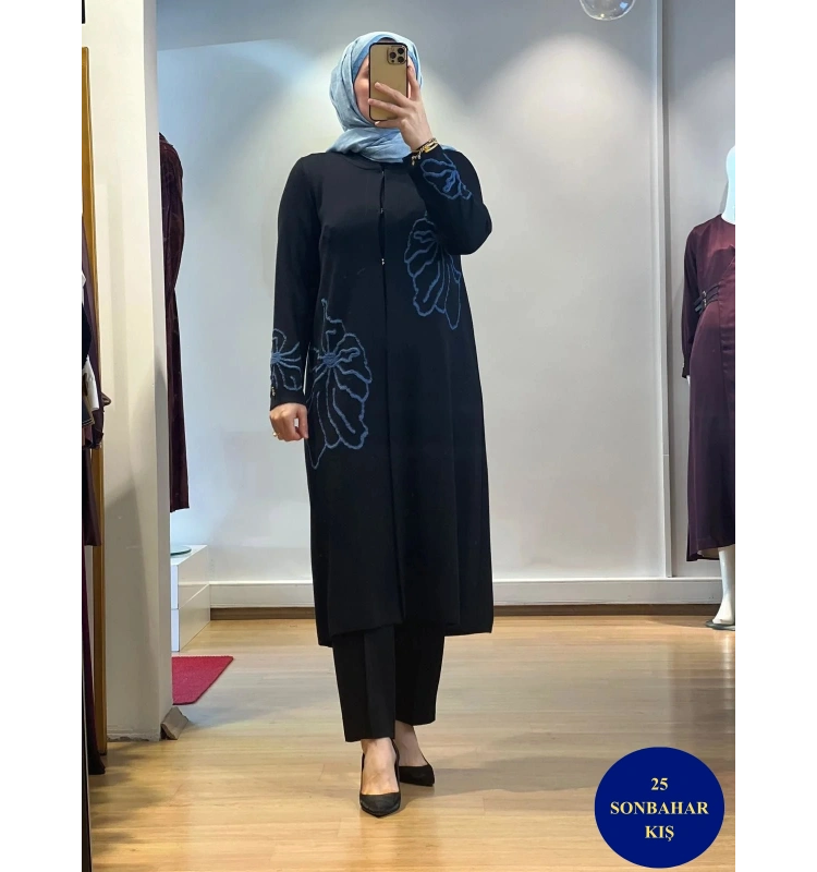 MissDalida Çiçek Desenli Agraf Kapama Uzun Hırka T25K-9008