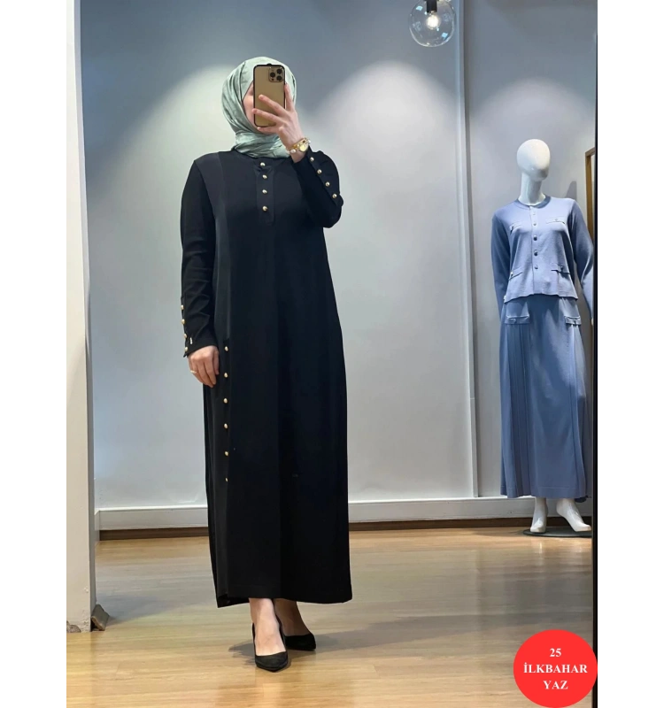 MissDalida Dik Yaka Düğme Detaylı Cupro Tunik Elbise 25Y-4023