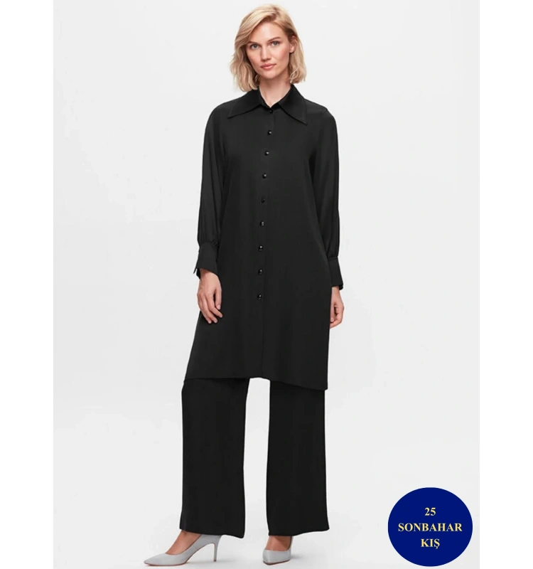 MissDalida Erkek Yaka Uzun Cupro Gömlek T25K-3000