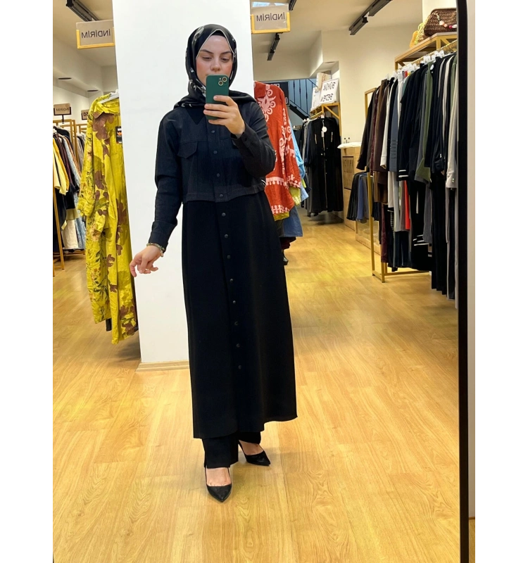 MissDalida Gömlek Yaka Denim Detaylı Uzun Ceket T25PF-8013