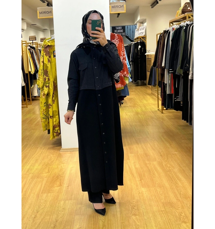 MissDalida Gömlek Yaka Denim Detaylı Uzun Ceket T25PF-8013