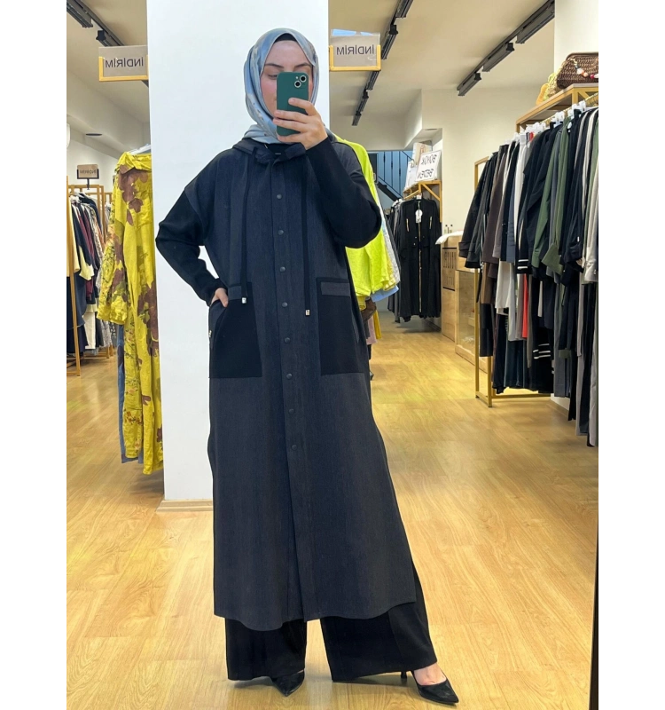 MissDalida Triko Detaylı Uzun Denim Kap T25PF-8010